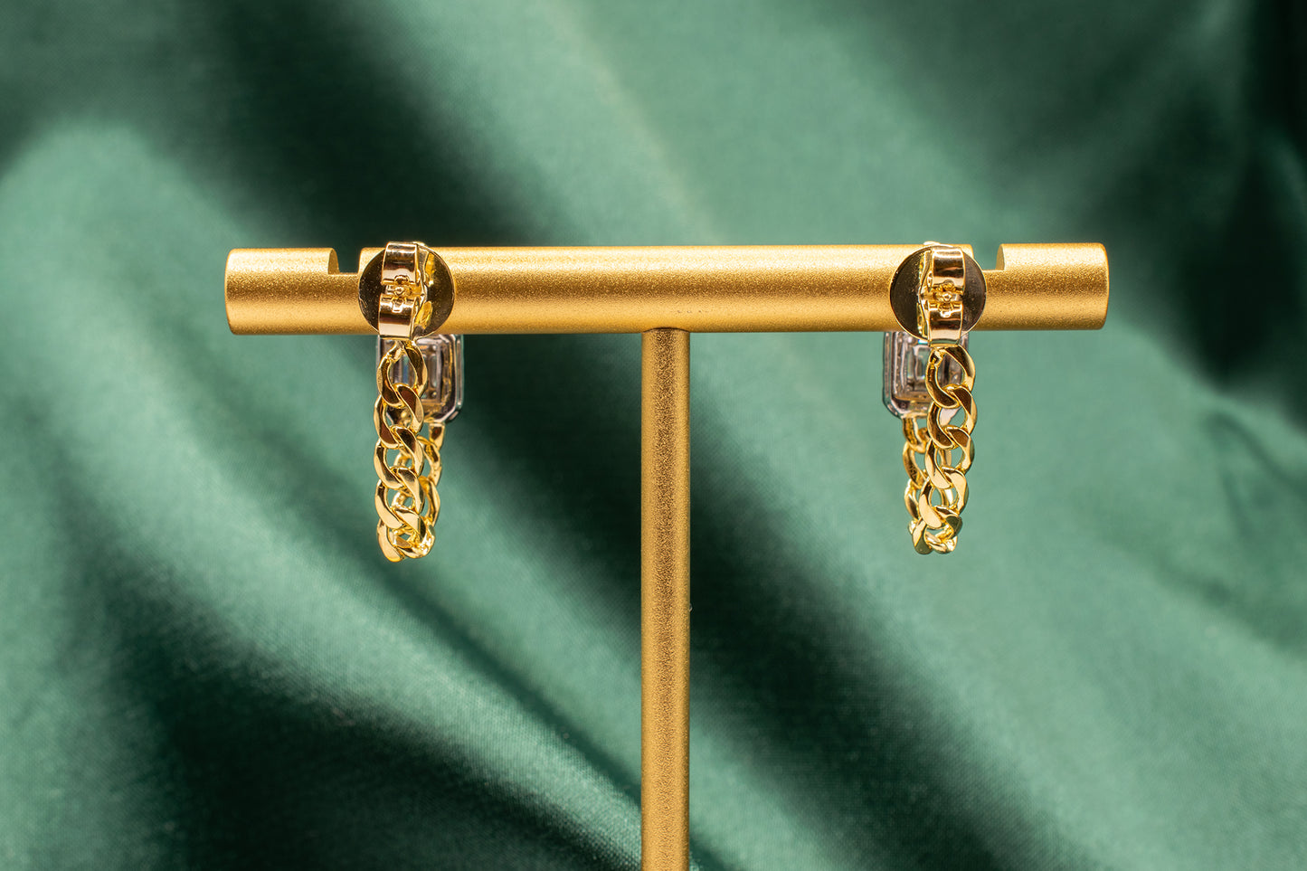 18k & 14k Two Tone Yellow Gold Diamond Halo Curb Chain Dangle Earrings