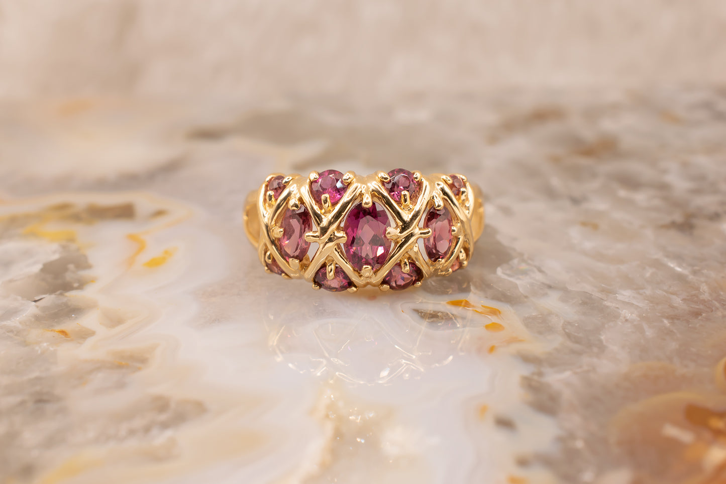 Vintage Estate 14k Yellow Gold Rhodolite Garnet Lattice Design Ring