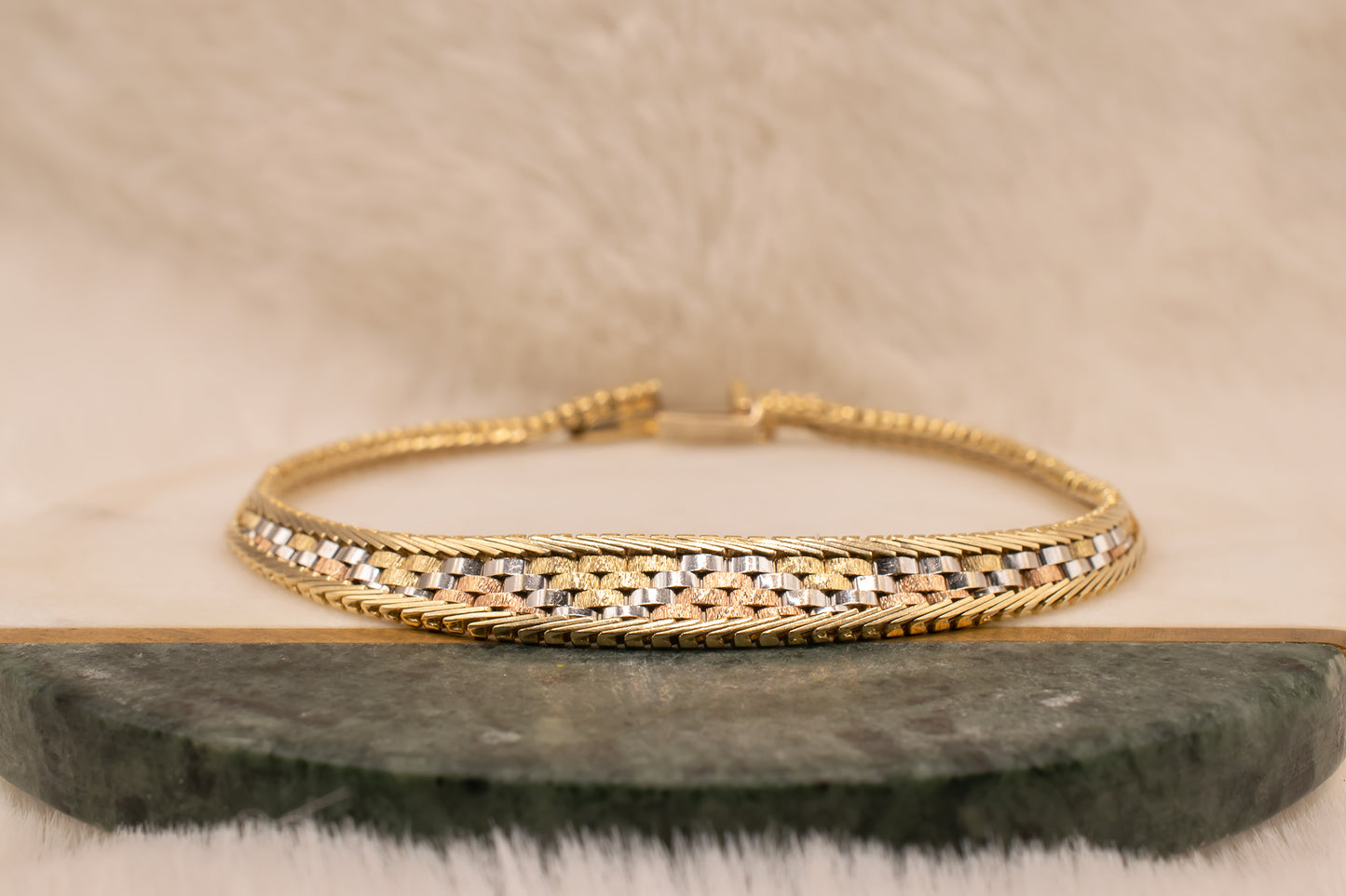 Mid Century Vintage 14k Tri-Color Yellow Gold, Rose Gold, White Gold Graduated Woven Bracelet 7 1/2 Inches