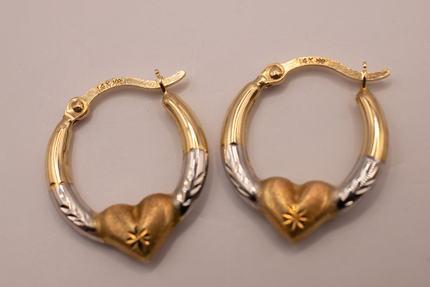 Vintage 14k Tricolor Yellow, White And Rose Gold Small Diamond Cut Heart Latch Back Hoop Earring