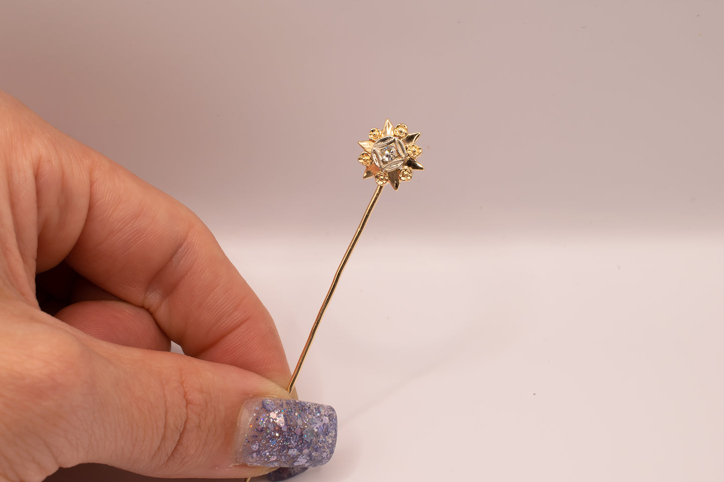 Vintage 14k Yellow Gold Unisex Floral and Milgrain Detail Diamond Stick Pin 2 1/5 Inches Long