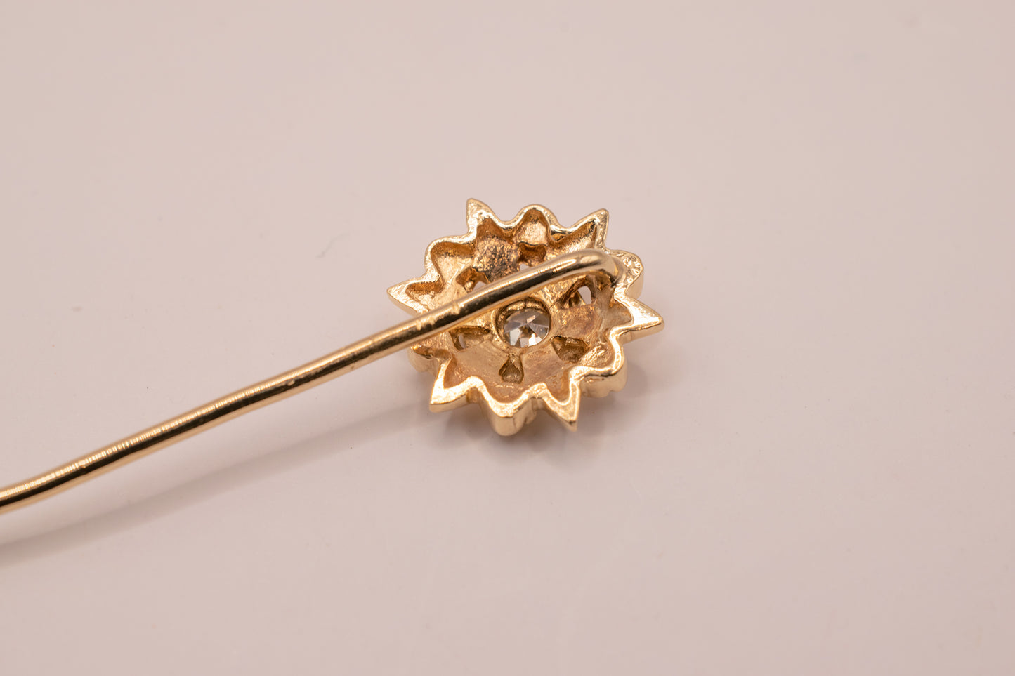 Vintage 14k Yellow Gold Unisex Floral and Milgrain Detail Diamond Stick Pin 2 1/5 Inches Long