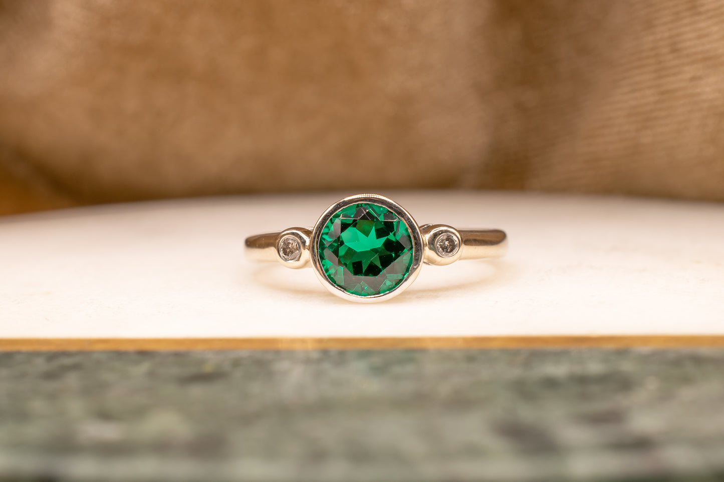Estate 14k White Gold Bezel Set Round Lab Grown Emerald & Diamond Ring