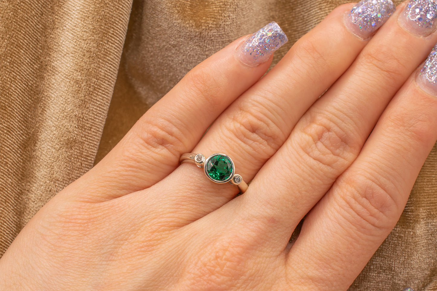Estate 14k White Gold Bezel Set Round Lab Grown Emerald & Diamond Ring