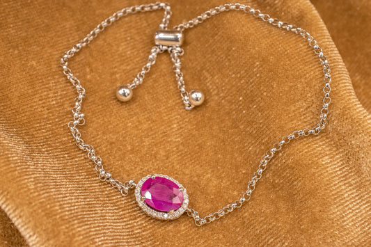 18k White Gold Diamond Halo Ruby Bracelet