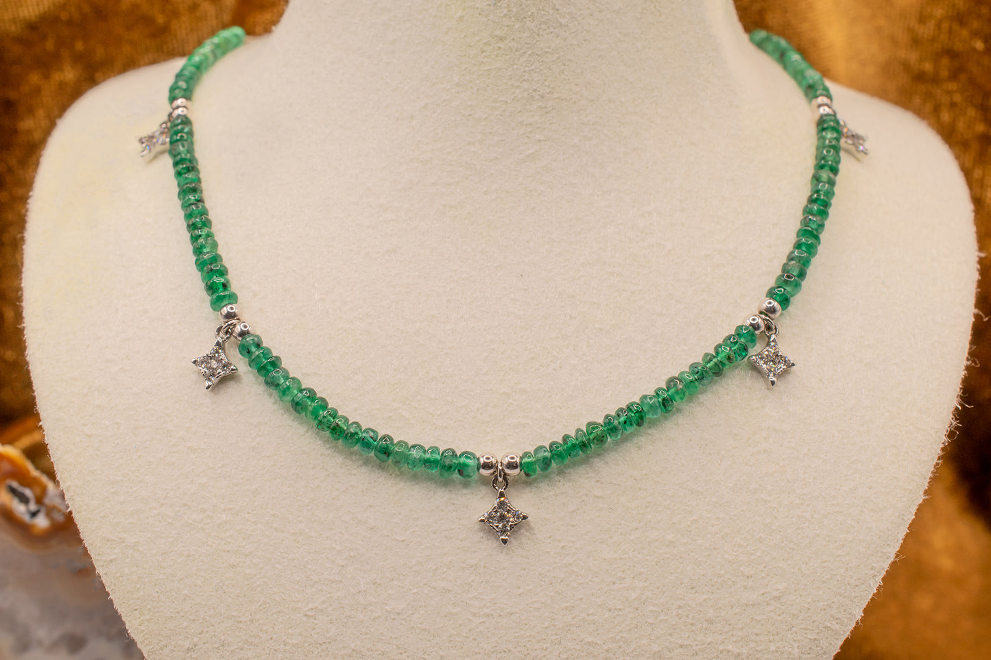 18k and 14k White Gold Beaded Emerald and Diamond Twinkling Star Station Necklace