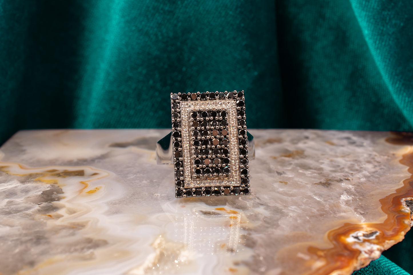 Vintage 14 Karat White Gold Ring With Round Brilliant Cut Black Diamonds and White Diamonds