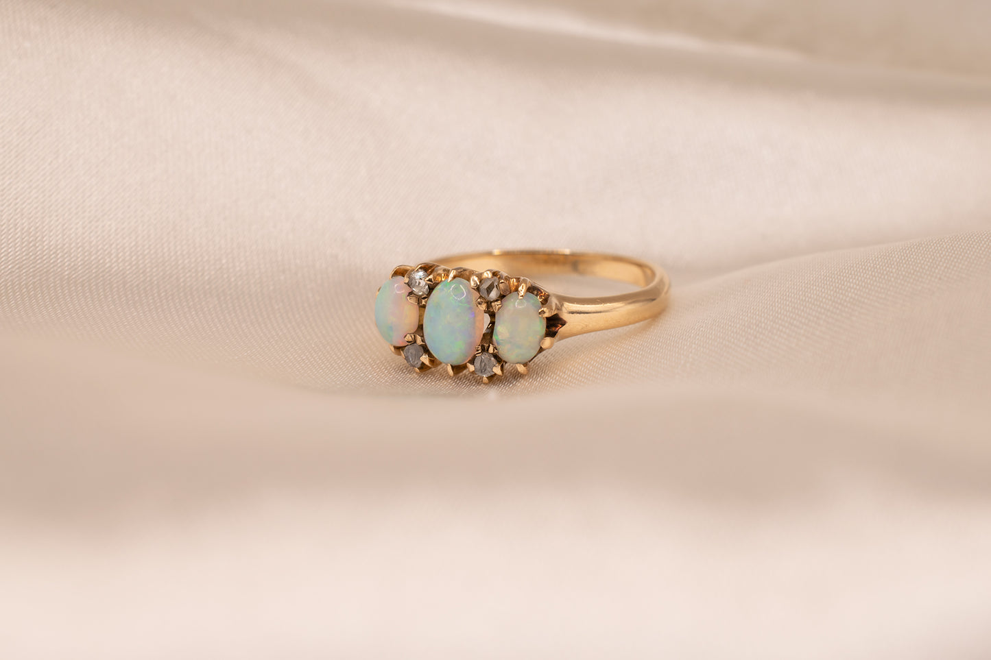 Antique Victorian Era 14k Yellow Gold Oval Shape Opal And Rose Cut Diamond Three Stone Ring Size 5 1/2