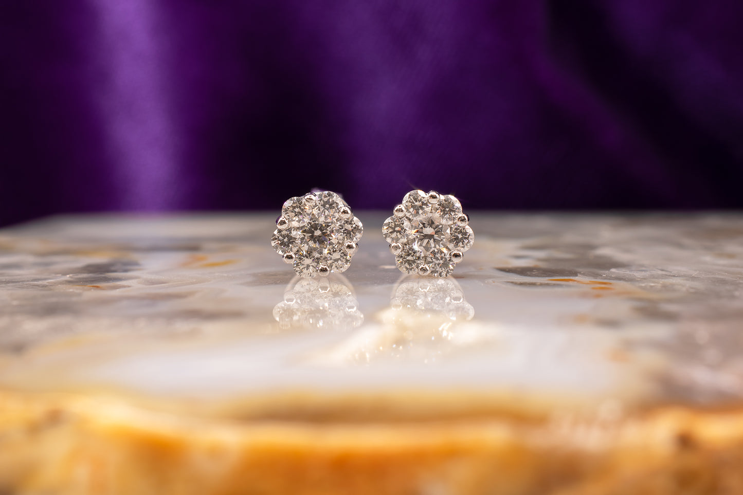 Vintage Estate 18K White Gold Diamond Cluster Flower Stud Earrings