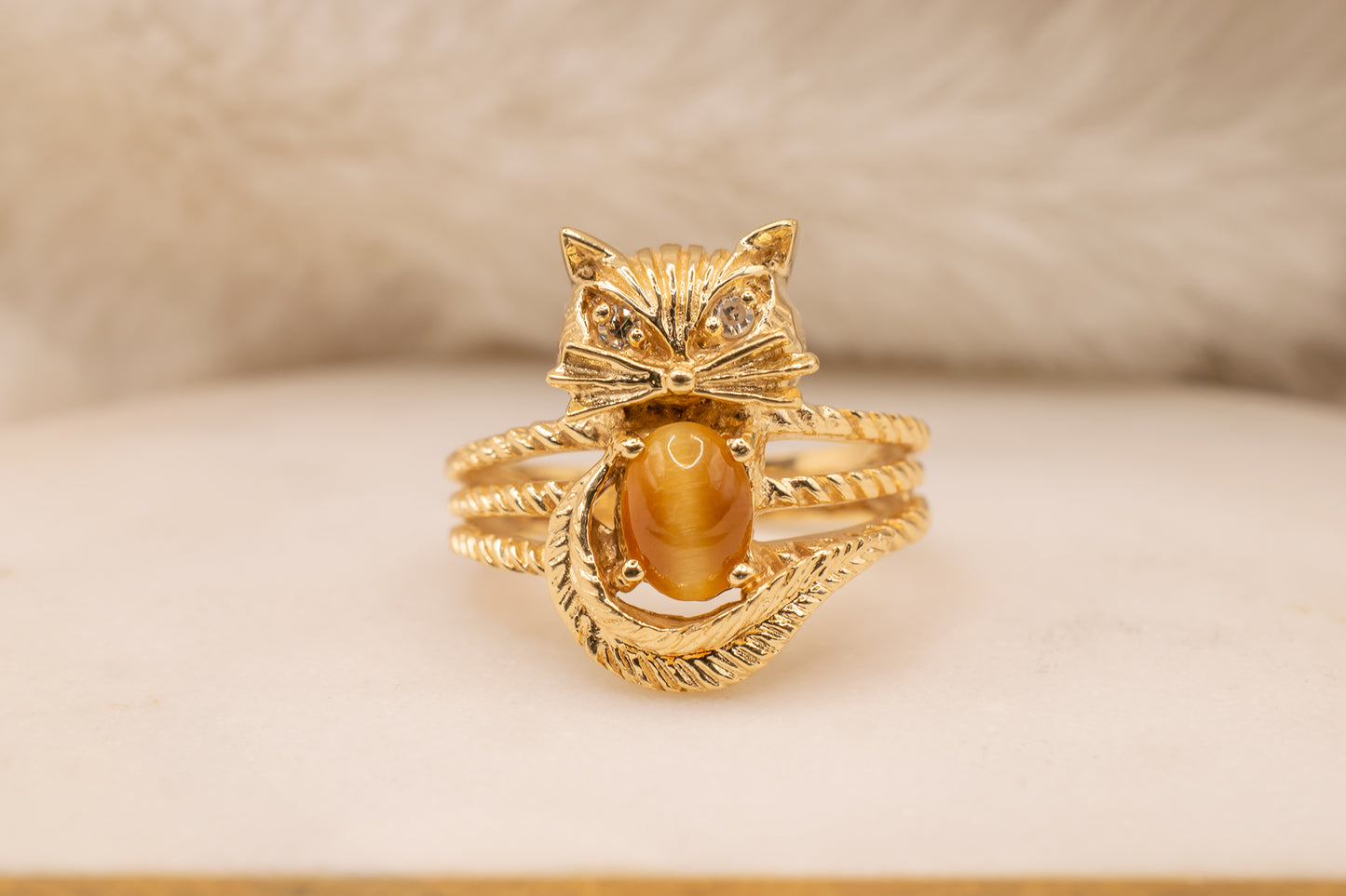 Vintage 14k Yellow Gold Tiger's Eye Quartz & Diamond Kitty Cat Rope Detail Ring