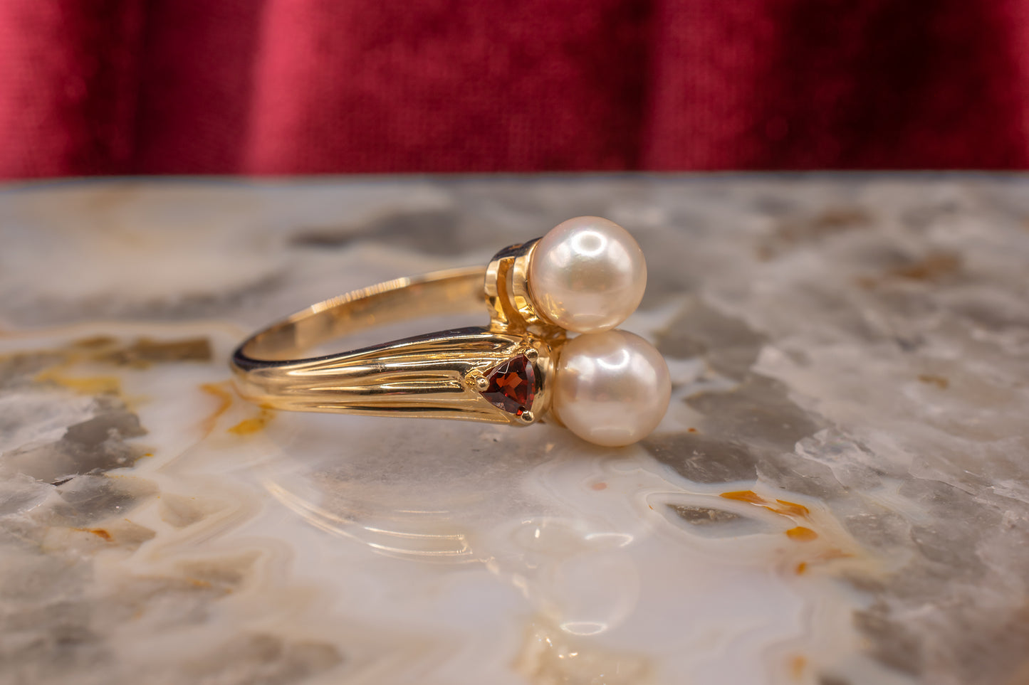 Vintage 14 Karat Yellow Gold Cultured Pearl & Reddish Orange Garnet Bypass Statement Ring Size 7