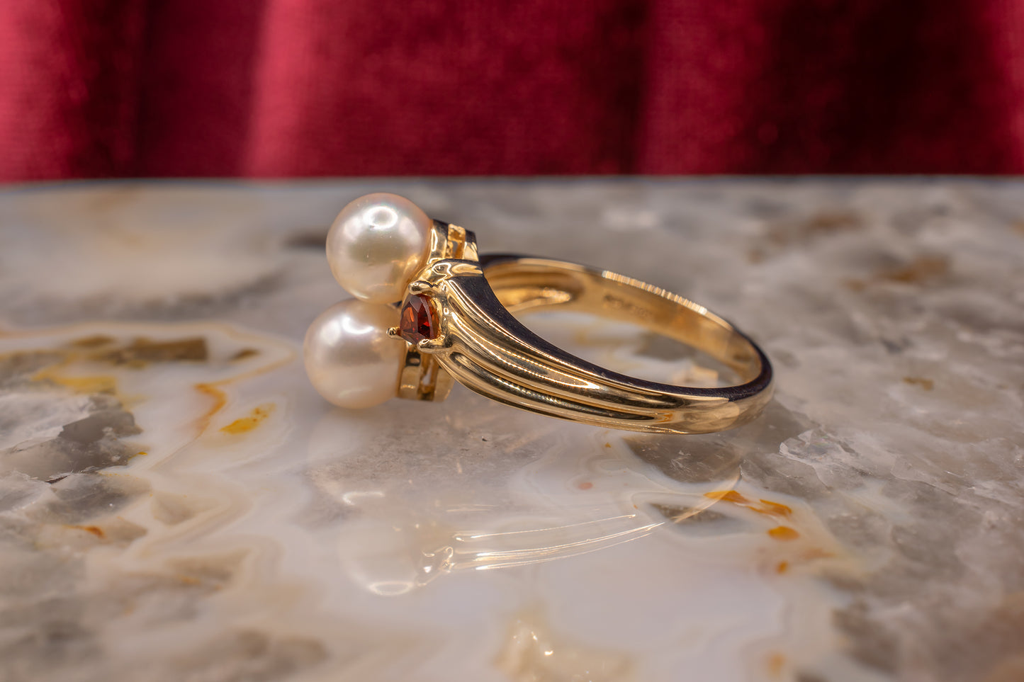 Vintage 14k Yellow Gold Pearl & Reddish Orange Gemstone Bypass Ring