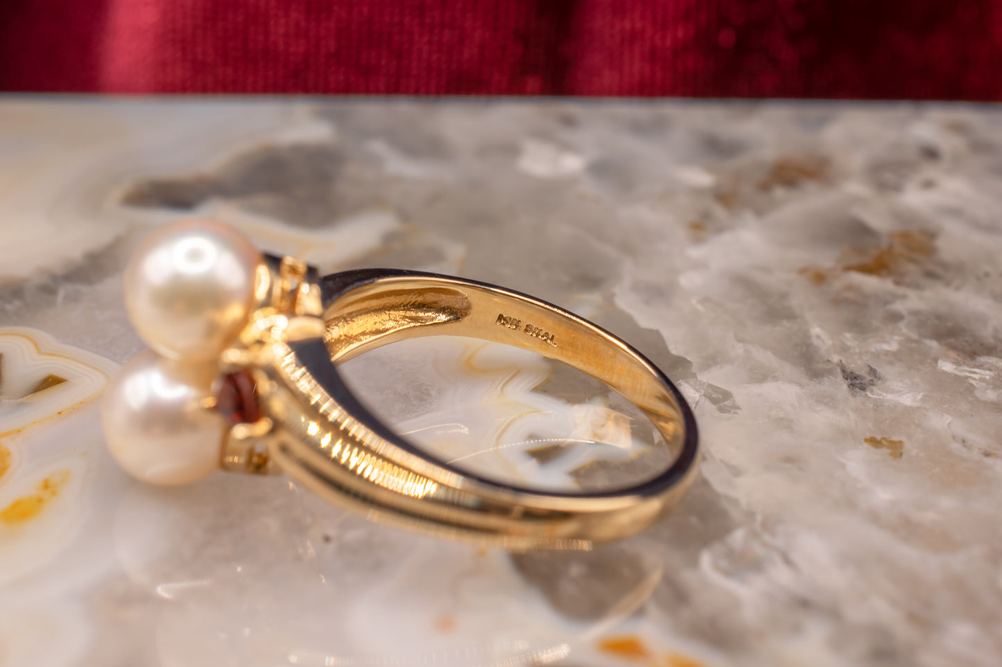 Vintage 14 Karat Yellow Gold Cultured Pearl & Reddish Orange Garnet Bypass Statement Ring Size 7