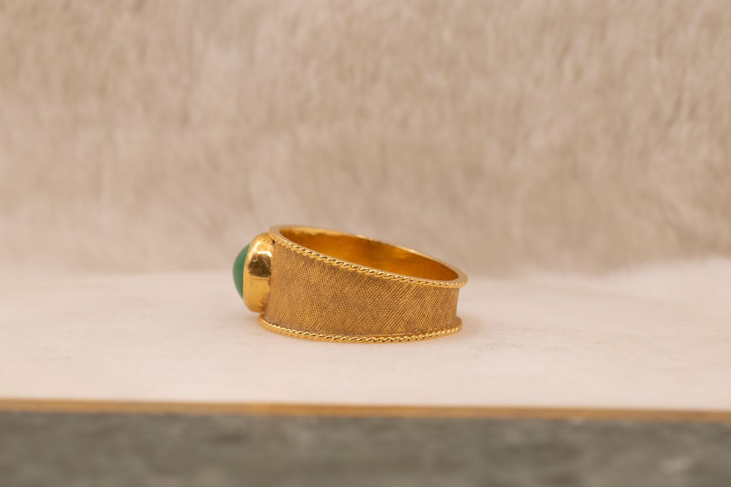 Vintage Handmade 18k Yellow Gold & Bezel Set Green Gemstone Coin Edge Ring with Florentine Finish
