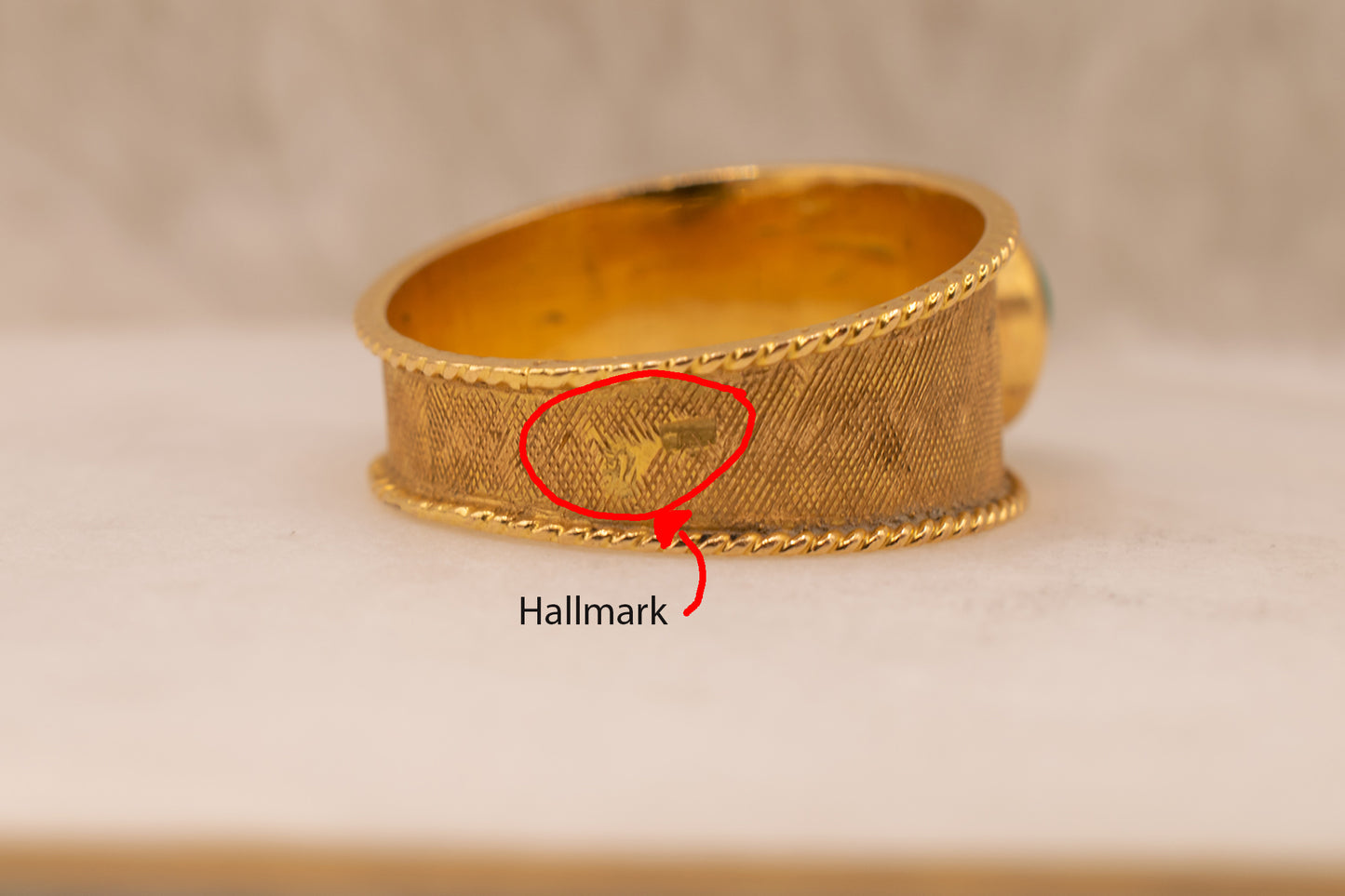 Vintage Handmade 18k Yellow Gold & Bezel Set Green Gemstone Coin Edge Ring with Florentine Finish
