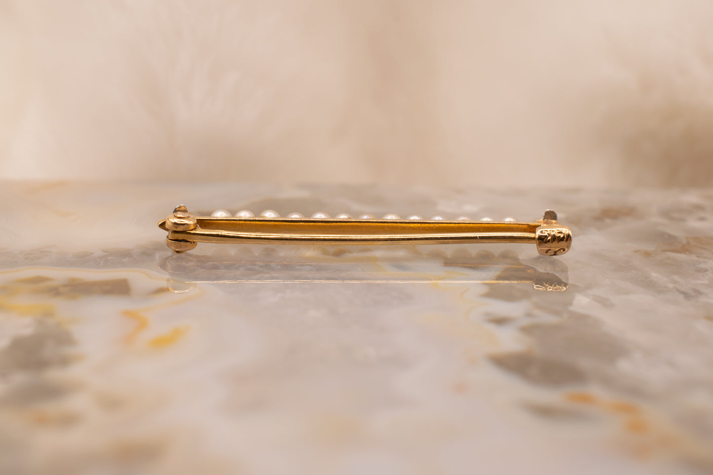 Vintage 14k Yellow Gold Seed Pearl Pin with White Gold Motif