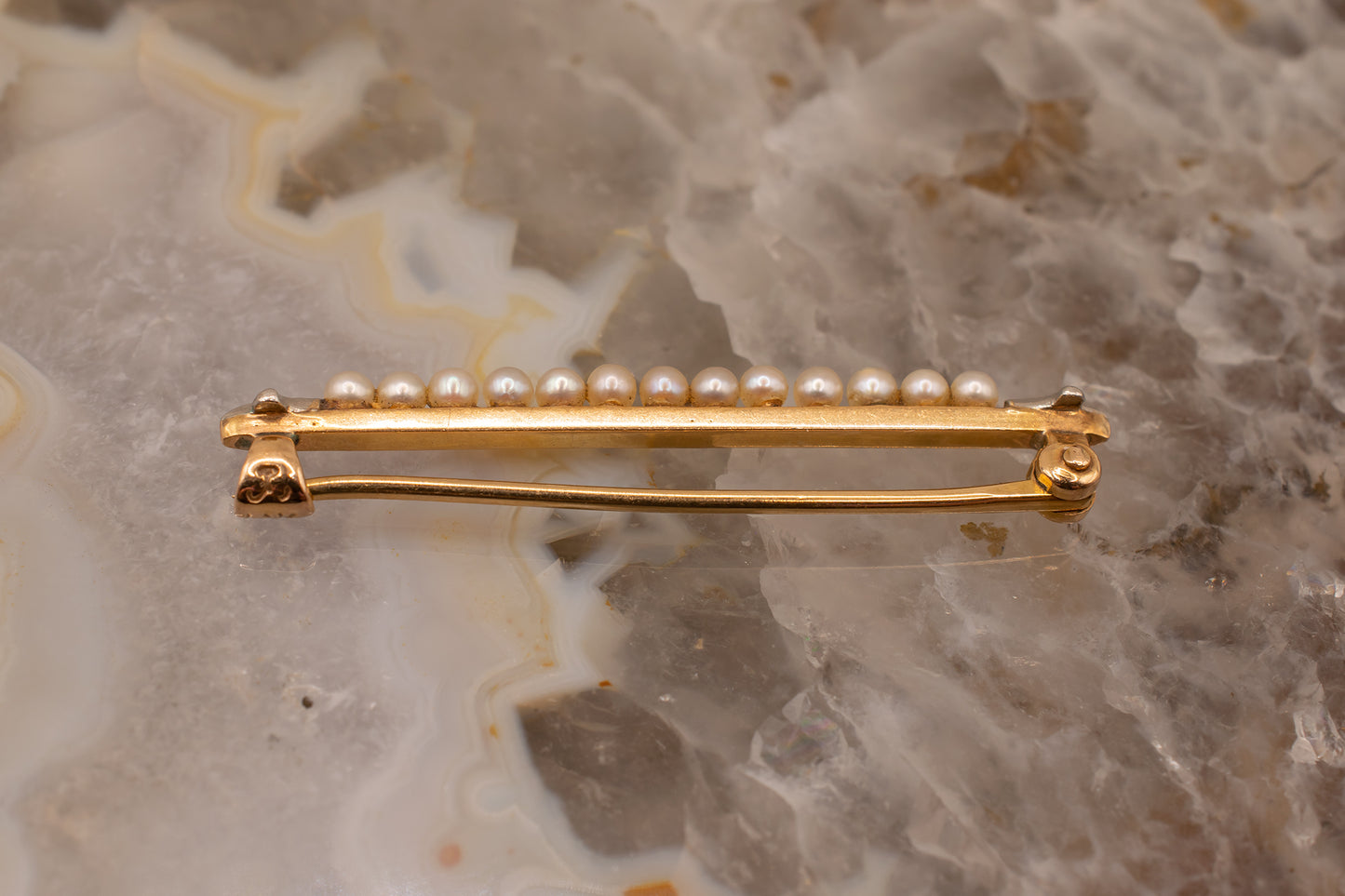 Vintage 14k Yellow Gold Seed Pearl Pin with White Gold Motif