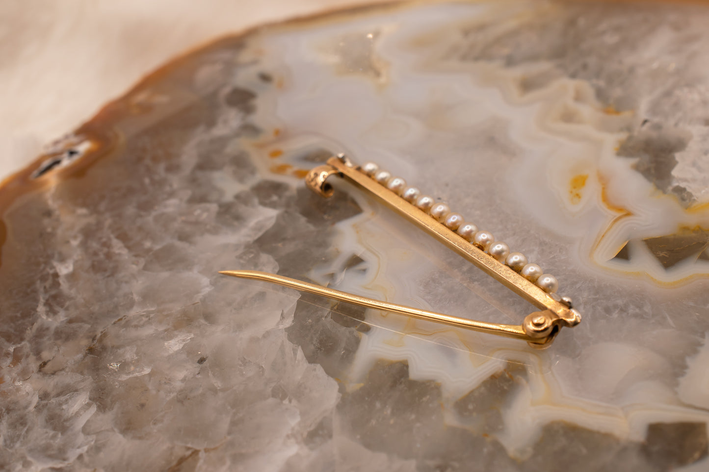 Vintage 14k Yellow Gold Seed Pearl Pin with White Gold Motif