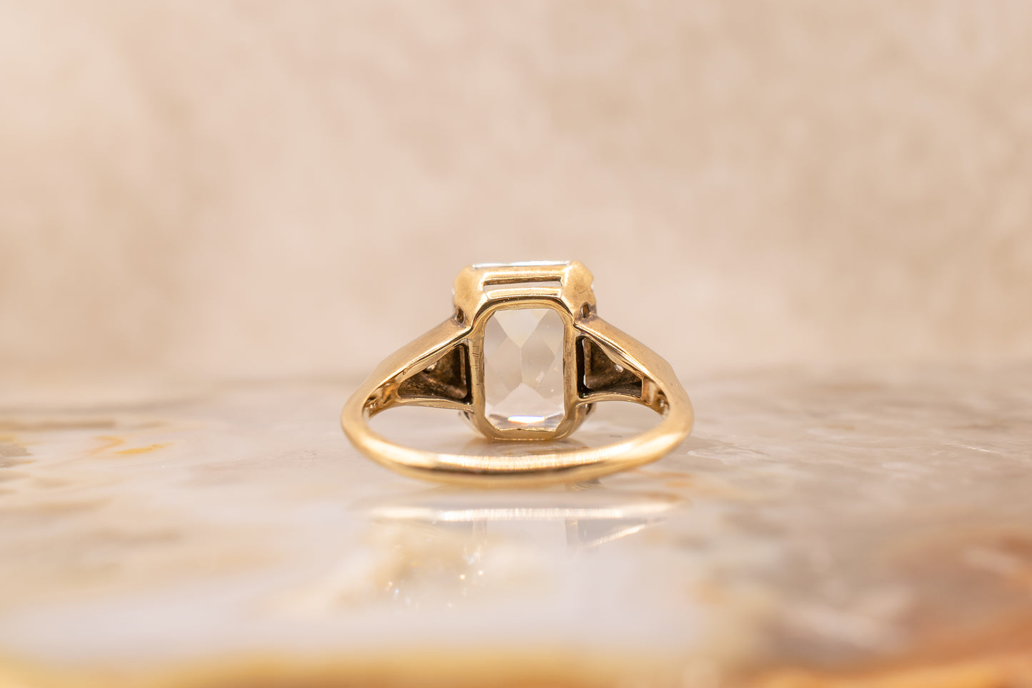 Vintage Retro Era 14k Yellow Gold Rectangular Faceted Synthetic/Lab Grown Colorless Spinel And Diamond Ring Size 4.25