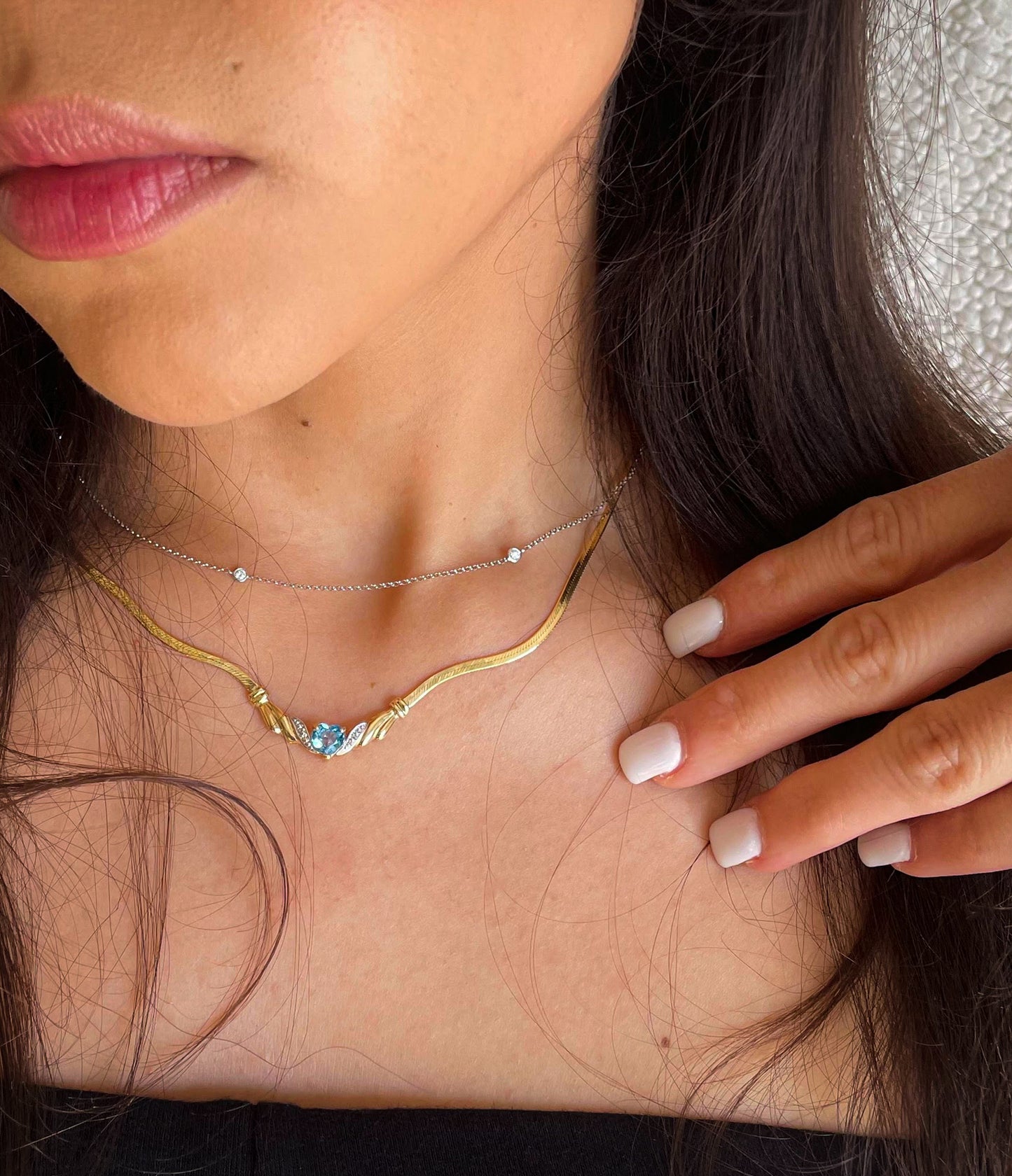 Vintage 14k Yellow gold Blue Topaz Heart Necklace Herringbone Style Chain