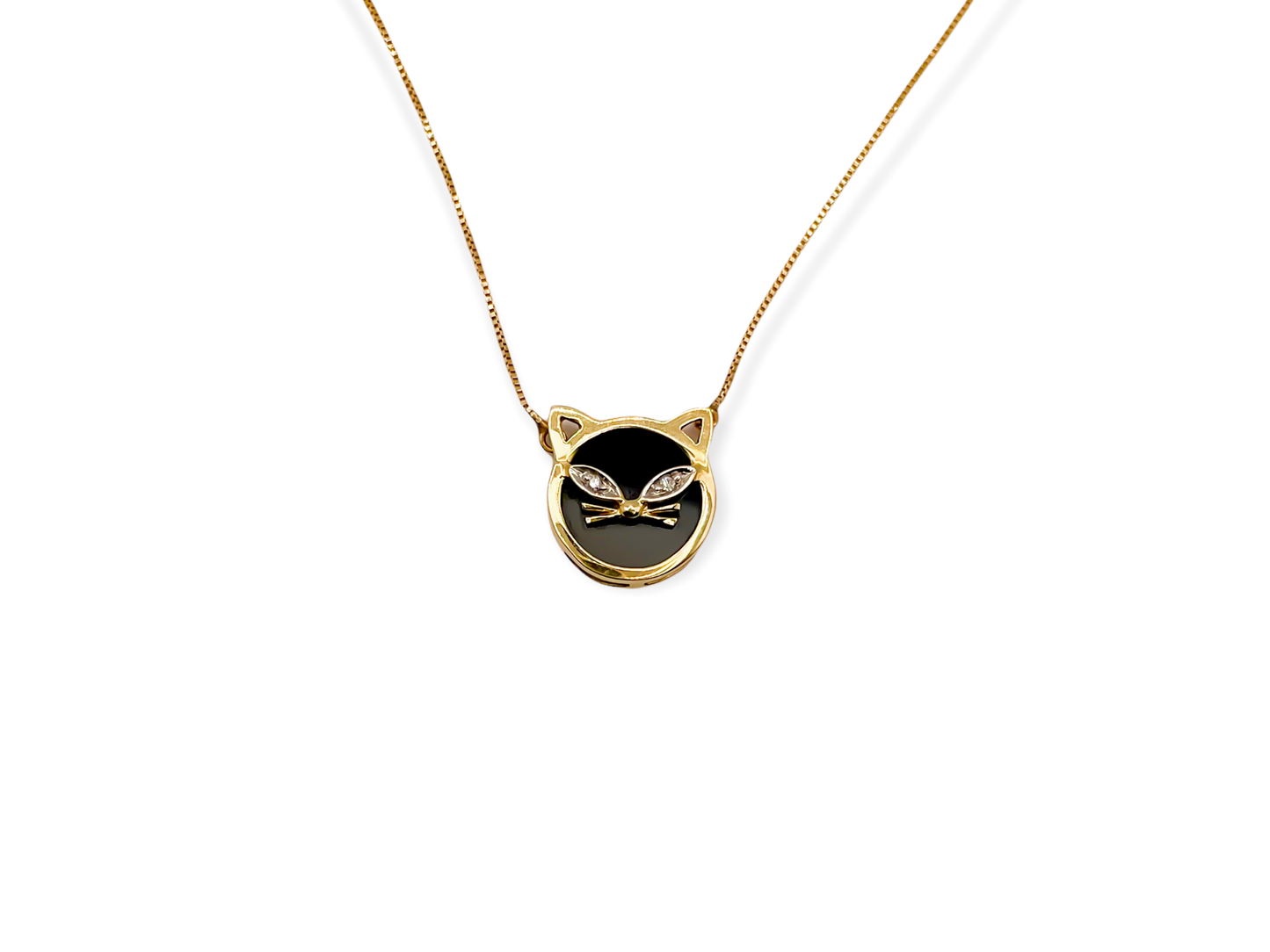 Vintage 14k Onyx & Diamond Cat Necklace
